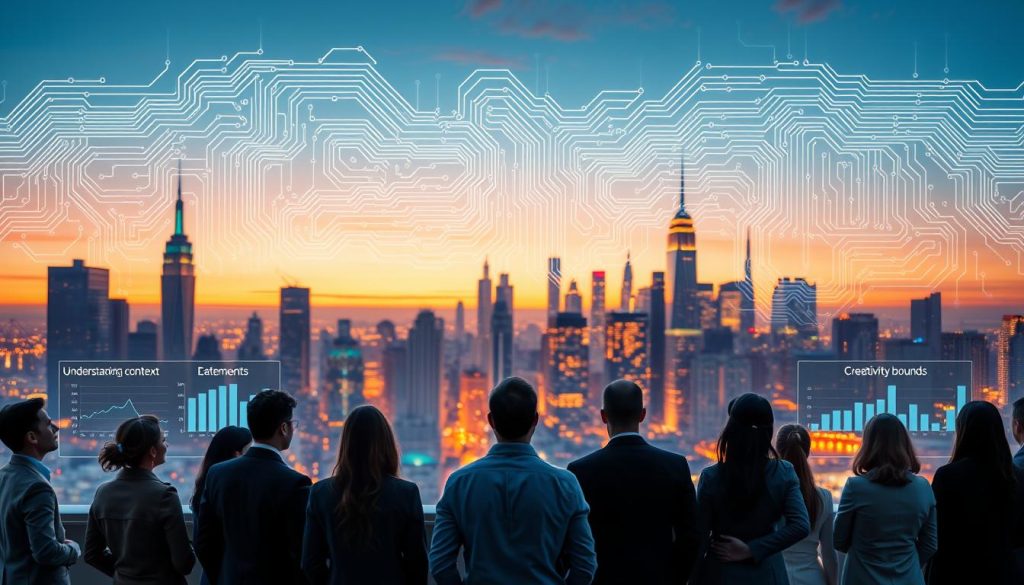 A large, futuristic city skyline at dusk, with artificial intelligence represented as a series of complex, flowing circuits overlaying the buildings. In the foreground, a group of diverse professionals in business attire, observing the skyline with expressions of curiosity and concern. The middle ground features holographic displays showcasing charts and data that illustrate the limitations of AI, such as "understanding context" and "creativity bounds." The background is illuminated by a mix of warm orange and cool blue lights, creating a tense yet hopeful atmosphere. Use a wide-angle lens to capture the expansive scene, emphasizing depth and perspective. The overall mood should convey a balance between progress and caution, reflecting the duality of AI advancement and its boundaries. A large, futuristic city skyline at dusk, with artificial intelligence represented as a series of complex, flowing circuits overlaying the buildings. In the foreground, a group of diverse professionals in business attire, observing the skyline with expressions of curiosity and concern. The middle ground features holographic displays showcasing charts and data that illustrate the limitations of AI, such as "understanding context" and "creativity bounds." The background is illuminated by a mix of warm orange and cool blue lights, creating a tense yet hopeful atmosphere. Use a wide-angle lens to capture the expansive scene, emphasizing depth and perspective. The overall mood should convey a balance between progress and caution, reflecting the duality of AI advancement and its boundaries.