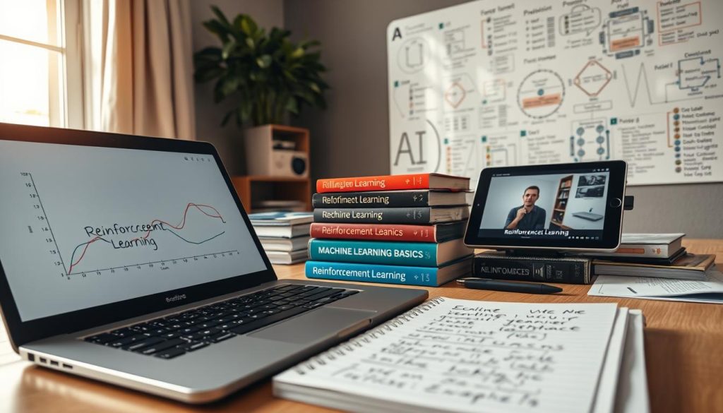 A modern and visually engaging workspace filled with educational resources for learning Reinforcement Learning. In the foreground, an open laptop with a sleek design displays graphs and reinforcement learning algorithms on the screen, along with a notepad filled with handwritten notes and formulas. In the middle, there's a stack of well-organized books titled 'Reinforcement Learning' and 'Machine Learning Basics,' accompanied by a tablet showing a video lecture on AI concepts. The background features a large whiteboard filled with diagrams and flowcharts related to reinforcement learning strategies. Soft, natural lighting streams through a nearby window, creating a warm, inviting atmosphere. The lens captures the scene at a slight angle, emphasizing the dynamic assortment of materials and the professional ambiance of the study space. A modern and visually engaging workspace filled with educational resources for learning Reinforcement Learning. In the foreground, an open laptop with a sleek design displays graphs and reinforcement learning algorithms on the screen, along with a notepad filled with handwritten notes and formulas. In the middle, there's a stack of well-organized books titled 'Reinforcement Learning' and 'Machine Learning Basics,' accompanied by a tablet showing a video lecture on AI concepts. The background features a large whiteboard filled with diagrams and flowcharts related to reinforcement learning strategies. Soft, natural lighting streams through a nearby window, creating a warm, inviting atmosphere. The lens captures the scene at a slight angle, emphasizing the dynamic assortment of materials and the professional ambiance of the study space.
