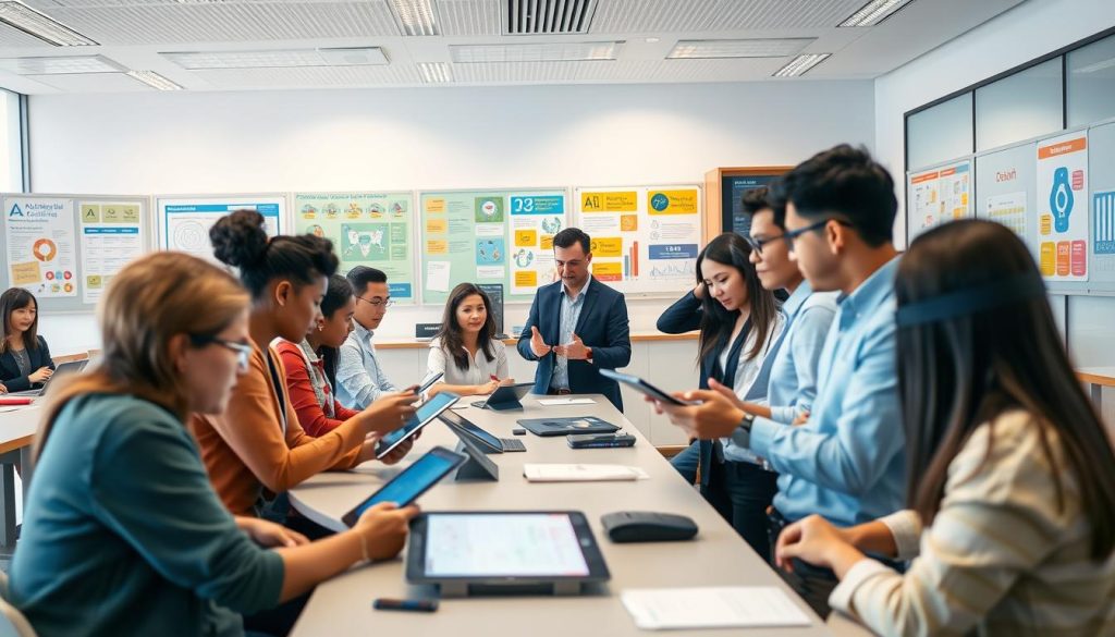 A modern classroom infused with technology, showcasing various tech companies utilizing AI in education. In the foreground, a diverse group of students, dressed in professional attire, attentively interact with AI-powered devices such as tablets and smart boards. In the middle ground, an engaging teacher guides the class, using augmented reality tools to illustrate complex concepts. The background features a sleek, high-tech classroom filled with colorful educational posters and advanced learning technology. Soft, natural lighting filters in through large windows, creating an inspiring atmosphere. The overall mood is one of innovation and collaboration, highlighting the dynamic integration of AI in the learning process. Capture the scene from a slightly elevated angle to emphasize the interaction between students and technology. A modern classroom infused with technology, showcasing various tech companies utilizing AI in education. In the foreground, a diverse group of students, dressed in professional attire, attentively interact with AI-powered devices such as tablets and smart boards. In the middle ground, an engaging teacher guides the class, using augmented reality tools to illustrate complex concepts. The background features a sleek, high-tech classroom filled with colorful educational posters and advanced learning technology. Soft, natural lighting filters in through large windows, creating an inspiring atmosphere. The overall mood is one of innovation and collaboration, highlighting the dynamic integration of AI in the learning process. Capture the scene from a slightly elevated angle to emphasize the interaction between students and technology.