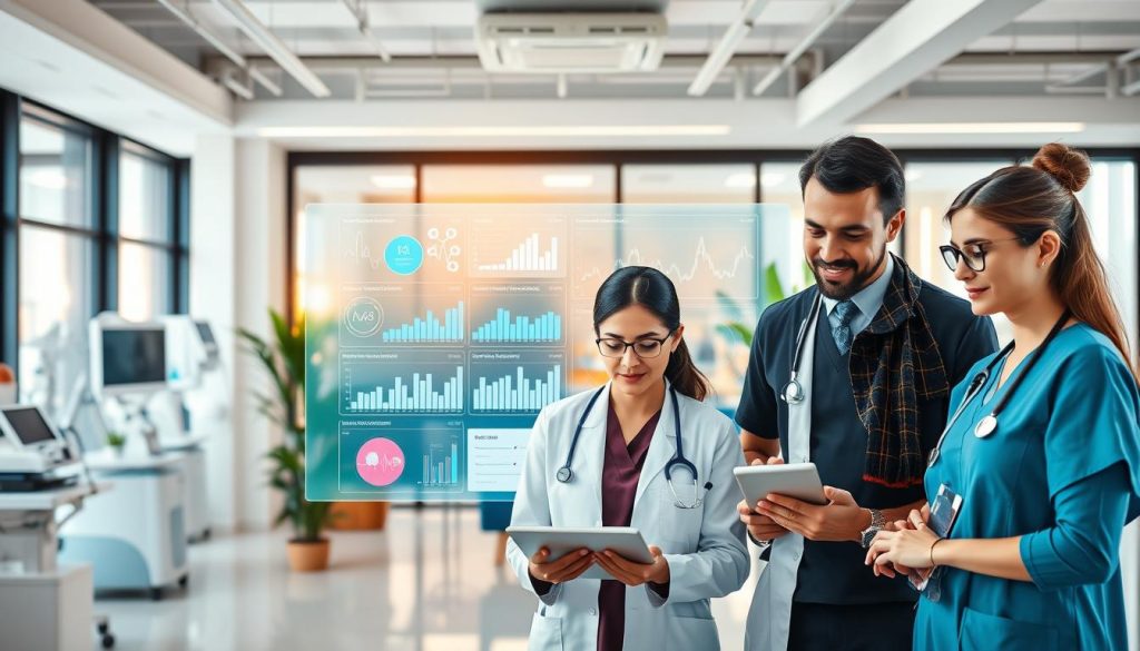 A modern healthcare office environment showcasing advanced AI applications in medicine. In the foreground, a diverse group of healthcare professionals—two doctors and a nurse—discussing patient data on a sleek tablet. They are wearing professional attire, exuding focus and collaboration. In the middle, a large interactive digital display shows real-time analytics, patient monitoring graphs, and AI diagnostics. The background features a lively open office space with high-tech medical equipment, plants for a welcoming touch, and large windows letting in warm natural light. A color palette of soft blues and whites conveys a sense of calm and innovation. The overall mood is one of progress and teamwork in revolutionizing healthcare through technology. A modern healthcare office environment showcasing advanced AI applications in medicine. In the foreground, a diverse group of healthcare professionals—two doctors and a nurse—discussing patient data on a sleek tablet. They are wearing professional attire, exuding focus and collaboration. In the middle, a large interactive digital display shows real-time analytics, patient monitoring graphs, and AI diagnostics. The background features a lively open office space with high-tech medical equipment, plants for a welcoming touch, and large windows letting in warm natural light. A color palette of soft blues and whites conveys a sense of calm and innovation. The overall mood is one of progress and teamwork in revolutionizing healthcare through technology.