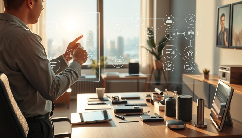 A modern home office scene depicting the seamless integration of AI in everyday life. In the foreground, a professional individual in business attire is interacting with a holographic interface displaying various AI applications, such as virtual assistants and smart home control. The middle ground features a sleek desk cluttered with everyday items alongside AI-powered devices like a tablet and a smart speaker. In the background, a window reveals a bright cityscape, symbolizing innovation and progress. The lighting is warm and inviting, with sunlight streaming in, creating a positive atmosphere of productivity and convenience. The image captures a moment of efficiency and comfort, showcasing how AI enhances routine tasks and enriches daily experiences. A modern home office scene depicting the seamless integration of AI in everyday life. In the foreground, a professional individual in business attire is interacting with a holographic interface displaying various AI applications, such as virtual assistants and smart home control. The middle ground features a sleek desk cluttered with everyday items alongside AI-powered devices like a tablet and a smart speaker. In the background, a window reveals a bright cityscape, symbolizing innovation and progress. The lighting is warm and inviting, with sunlight streaming in, creating a positive atmosphere of productivity and convenience. The image captures a moment of efficiency and comfort, showcasing how AI enhances routine tasks and enriches daily experiences.