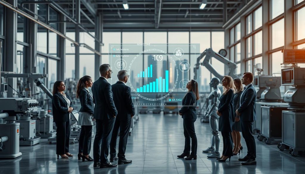A modern industrial setting depicting the integration of AI in healthcare and industry. In the foreground, a diverse group of professionals in business attire observes a holographic interface displaying data analytics and AI-driven diagnostics. The middle ground features sophisticated machinery and robotic arms assisting in manufacturing, alongside healthcare tools like advanced monitoring devices. In the background, a large window reveals a cityscape, symbolizing progress and innovation. Soft, ambient lighting creates a futuristic atmosphere, highlighting the seamless interaction between humans and machines. The perspective should be slightly angled, emphasizing the collaboration between technology and industry, capturing a sense of optimism and forward-thinking. A modern industrial setting depicting the integration of AI in healthcare and industry. In the foreground, a diverse group of professionals in business attire observes a holographic interface displaying data analytics and AI-driven diagnostics. The middle ground features sophisticated machinery and robotic arms assisting in manufacturing, alongside healthcare tools like advanced monitoring devices. In the background, a large window reveals a cityscape, symbolizing progress and innovation. Soft, ambient lighting creates a futuristic atmosphere, highlighting the seamless interaction between humans and machines. The perspective should be slightly angled, emphasizing the collaboration between technology and industry, capturing a sense of optimism and forward-thinking.