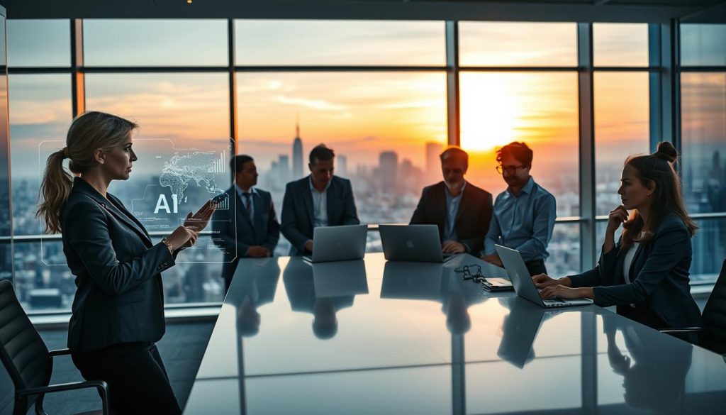 A modern office environment at twilight, featuring a diverse group of professionals engaged in thoughtful discussion around a sleek conference table. In the foreground, a woman in formal business attire analyzes AI data displayed on a transparent digital screen, highlighting the balance of human intuition and advanced technology. The middle layer features a group of attentive colleagues, including a man and a woman, reviewing AI-generated reports on laptops, symbolizing collaboration and oversight. The background showcases a panoramic view of a city skyline through large windows, casting a warm glow from the setting sun, creating a focused yet optimistic atmosphere. Soft ambient lighting illuminates the room, enhancing the feeling of productive teamwork. The scene embodies trust, control, and the human element in guiding AI systems.
