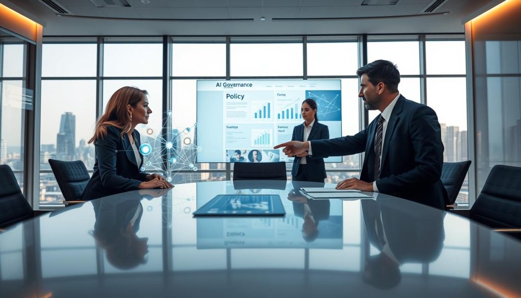 A modern office environment depicting "AI Governance." In the foreground, a diverse group of three professionals in business attire engaged in a serious discussion around a sleek, oval conference table. One individual points at a holographic representation of interconnected AI networks. In the midground, a large digital screen displays graphs and policy documents, symbolizing the role of policy in AI alignment. The background shows large windows with a city skyline, bathed in soft natural light, creating an optimistic atmosphere. The scene is captured with a slight low-angle perspective, conveying authority and significance. The overall mood should be focused and collaborative, emphasizing the importance of policy in guiding AI development responsibly. A modern office environment depicting "AI Governance." In the foreground, a diverse group of three professionals in business attire engaged in a serious discussion around a sleek, oval conference table. One individual points at a holographic representation of interconnected AI networks. In the midground, a large digital screen displays graphs and policy documents, symbolizing the role of policy in AI alignment. The background shows large windows with a city skyline, bathed in soft natural light, creating an optimistic atmosphere. The scene is captured with a slight low-angle perspective, conveying authority and significance. The overall mood should be focused and collaborative, emphasizing the importance of policy in guiding AI development responsibly.