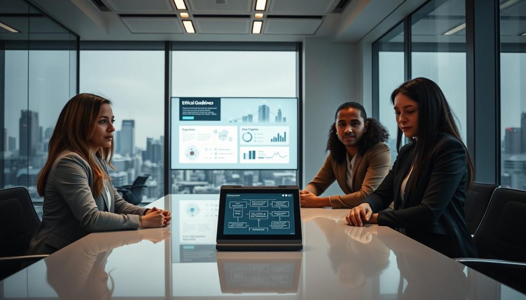 A modern office environment filled with diverse professionals engaged in discussion, symbolizing AI governance. In the foreground, a group of individuals—two women and a man—are seated around a sleek conference table, reviewing a digital tablet displaying a flowchart of regulatory frameworks. They are dressed in professional attire, showcasing a mix of cultures and perspectives. In the middle, a large smart screen displays ethical guidelines and data analytics visuals, illuminating the room. The background features large windows with a view of a futuristic city skyline, suggesting innovation and progress. Soft, ambient lighting creates a focused yet collaborative atmosphere, while lens flair adds a touch of modernity. The mood is serious but optimistic, reflecting the importance of governance in shaping the future of AI. A modern office environment filled with diverse professionals engaged in discussion, symbolizing AI governance. In the foreground, a group of individuals—two women and a man—are seated around a sleek conference table, reviewing a digital tablet displaying a flowchart of regulatory frameworks. They are dressed in professional attire, showcasing a mix of cultures and perspectives. In the middle, a large smart screen displays ethical guidelines and data analytics visuals, illuminating the room. The background features large windows with a view of a futuristic city skyline, suggesting innovation and progress. Soft, ambient lighting creates a focused yet collaborative atmosphere, while lens flair adds a touch of modernity. The mood is serious but optimistic, reflecting the importance of governance in shaping the future of AI.