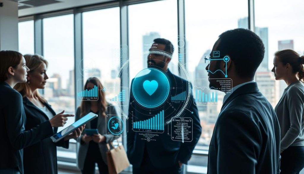 A modern office environment showcasing diverse professionals engaged in predictive AI applications. In the foreground, a group of three individuals in business attire, a woman analyzing data on a tablet and two men discussing insights displayed on a digital screen. In the middle ground, a series of holographic charts and graphs emit from a central AI hub, illustrating trends and forecasts across various fields like healthcare, finance, and logistics. The background features large windows with a city skyline, illuminated by soft, natural light streaming in. The atmosphere is collaborative and innovative, with a futuristic touch highlighted by cool blue and green tones. The scene conveys hopefulness and the potential of AI in shaping the future. A modern office environment showcasing diverse professionals engaged in predictive AI applications. In the foreground, a group of three individuals in business attire, a woman analyzing data on a tablet and two men discussing insights displayed on a digital screen. In the middle ground, a series of holographic charts and graphs emit from a central AI hub, illustrating trends and forecasts across various fields like healthcare, finance, and logistics. The background features large windows with a city skyline, illuminated by soft, natural light streaming in. The atmosphere is collaborative and innovative, with a futuristic touch highlighted by cool blue and green tones. The scene conveys hopefulness and the potential of AI in shaping the future.