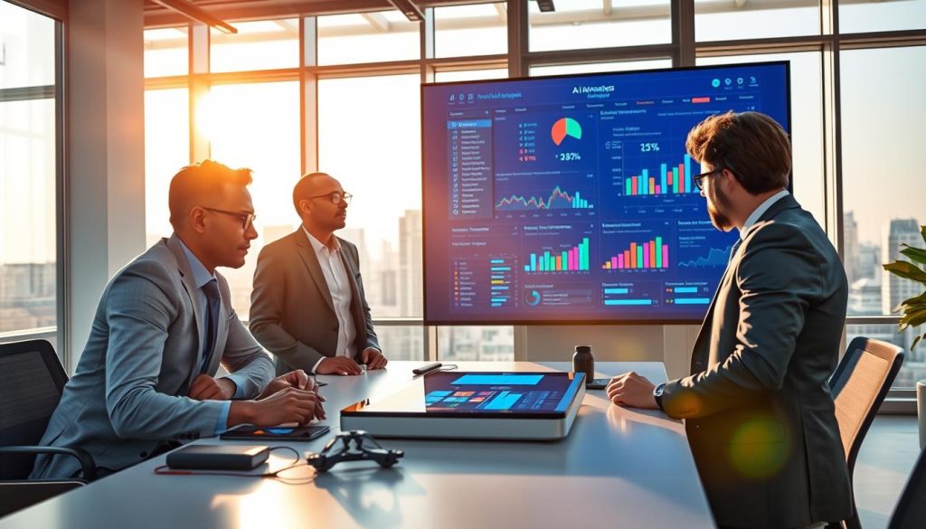 A modern office environment showcasing the advantages of AI models in a visually engaging manner. In the foreground, a diverse group of three professionals—two men and one woman—all dressed in smart business attire, are engaged in a discussion around a sleek table with futuristic gadgets and digital devices. Their focused expressions convey collaboration and innovation. In the middle ground, a large digital screen displays colorful data visualizations and AI-generated insights, symbolizing efficiency and progress. The background features large windows revealing a city skyline, bathed in warm afternoon sunlight, enhancing the bright and optimistic atmosphere. The image should capture a sense of inspiration and forward-thinking, with soft shadows and a dynamic perspective to emphasize the advancements brought by AI technology. A modern office environment showcasing the advantages of AI models in a visually engaging manner. In the foreground, a diverse group of three professionals—two men and one woman—all dressed in smart business attire, are engaged in a discussion around a sleek table with futuristic gadgets and digital devices. Their focused expressions convey collaboration and innovation. In the middle ground, a large digital screen displays colorful data visualizations and AI-generated insights, symbolizing efficiency and progress. The background features large windows revealing a city skyline, bathed in warm afternoon sunlight, enhancing the bright and optimistic atmosphere. The image should capture a sense of inspiration and forward-thinking, with soft shadows and a dynamic perspective to emphasize the advancements brought by AI technology.