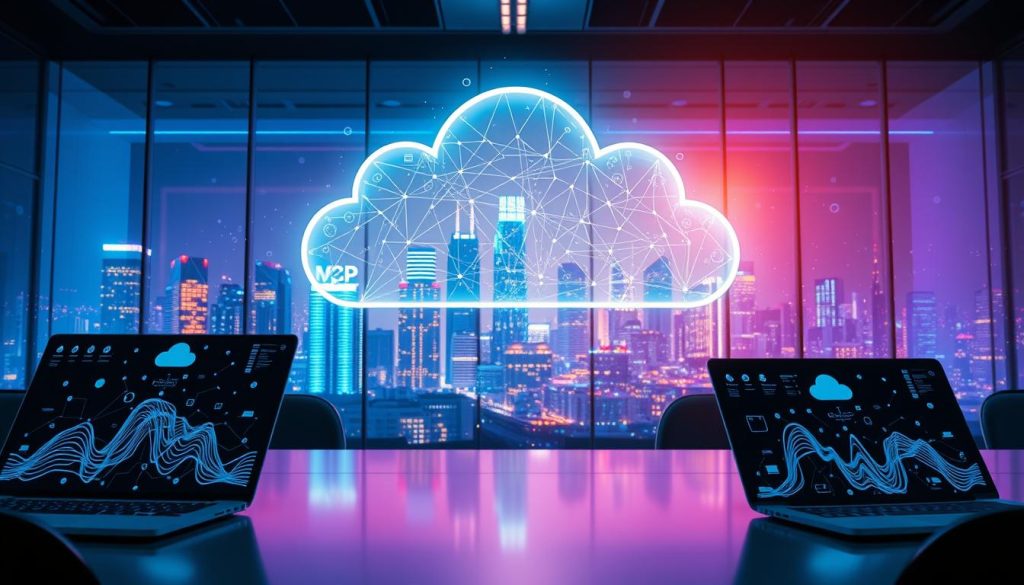 A modern office environment showcasing the concept of cloud computing and artificial intelligence. In the foreground, sleek digital devices like laptops and tablets display flowing data streams and cloud icons, emphasizing connectivity. The middle ground features a semi-transparent 3D cloud filled with data points, analytics graphs, and neural network patterns, hovering over a cityscape. The background portrays a futuristic skyline illuminated by brilliant blue and purple lighting, symbolizing technological advancement. A warm, ambient glow enhances the atmosphere, creating an aura of innovation and efficiency. The composition is captured with a wide-angle lens to emphasize depth, ensuring a professional business vibe without any human presence, focusing solely on the tech representations. A modern office environment showcasing the concept of cloud computing and artificial intelligence. In the foreground, sleek digital devices like laptops and tablets display flowing data streams and cloud icons, emphasizing connectivity. The middle ground features a semi-transparent 3D cloud filled with data points, analytics graphs, and neural network patterns, hovering over a cityscape. The background portrays a futuristic skyline illuminated by brilliant blue and purple lighting, symbolizing technological advancement. A warm, ambient glow enhances the atmosphere, creating an aura of innovation and efficiency. The composition is captured with a wide-angle lens to emphasize depth, ensuring a professional business vibe without any human presence, focusing solely on the tech representations.