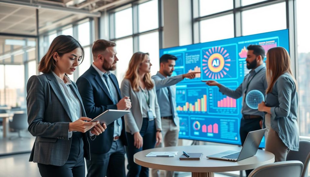 A modern office environment showing diverse professionals collaborating on AI applications. In the foreground, a focused female engineer in business attire is analyzing data on a sleek tablet, while a male data scientist in a smart-casual outfit points at a large digital screen displaying vibrant graphs and AI algorithms. The middle ground features a round table with notes and a laptop, surrounded by diverse team members engaged in discussion. The background showcases large windows letting in natural light, revealing a city skyline, enhancing the atmosphere of innovation and progress. The lighting is bright and inviting, with a soft focus to create a hopeful and productive mood, suggesting trust in AI's real-world potential. A modern office environment showing diverse professionals collaborating on AI applications. In the foreground, a focused female engineer in business attire is analyzing data on a sleek tablet, while a male data scientist in a smart-casual outfit points at a large digital screen displaying vibrant graphs and AI algorithms. The middle ground features a round table with notes and a laptop, surrounded by diverse team members engaged in discussion. The background showcases large windows letting in natural light, revealing a city skyline, enhancing the atmosphere of innovation and progress. The lighting is bright and inviting, with a soft focus to create a hopeful and productive mood, suggesting trust in AI's real-world potential.