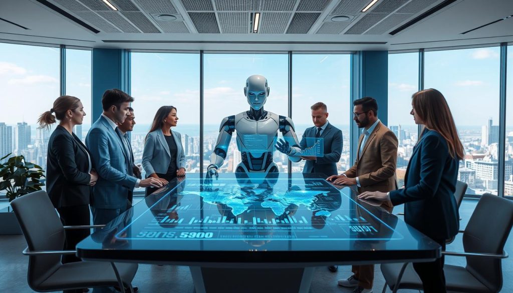 A modern office scene illustrating AI-human collaboration in decision-making. In the foreground, a diverse group of professionals in business attire is engaged around a sleek, futuristic table displaying holographic data and charts. The middle layer features a humanoid robot interacting with a human, highlighting their synergy as they analyze real-time data on digital screens. In the background, a large window shows a bright cityscape with a clear blue sky, symbolizing innovation and progress. Soft, diffused lighting creates an inspirational and collaborative atmosphere, while a wide-angle perspective captures the depth of the workspace and the dynamic interaction between AI and humans. A modern office scene illustrating AI-human collaboration in decision-making. In the foreground, a diverse group of professionals in business attire is engaged around a sleek, futuristic table displaying holographic data and charts. The middle layer features a humanoid robot interacting with a human, highlighting their synergy as they analyze real-time data on digital screens. In the background, a large window shows a bright cityscape with a clear blue sky, symbolizing innovation and progress. Soft, diffused lighting creates an inspirational and collaborative atmosphere, while a wide-angle perspective captures the depth of the workspace and the dynamic interaction between AI and humans.