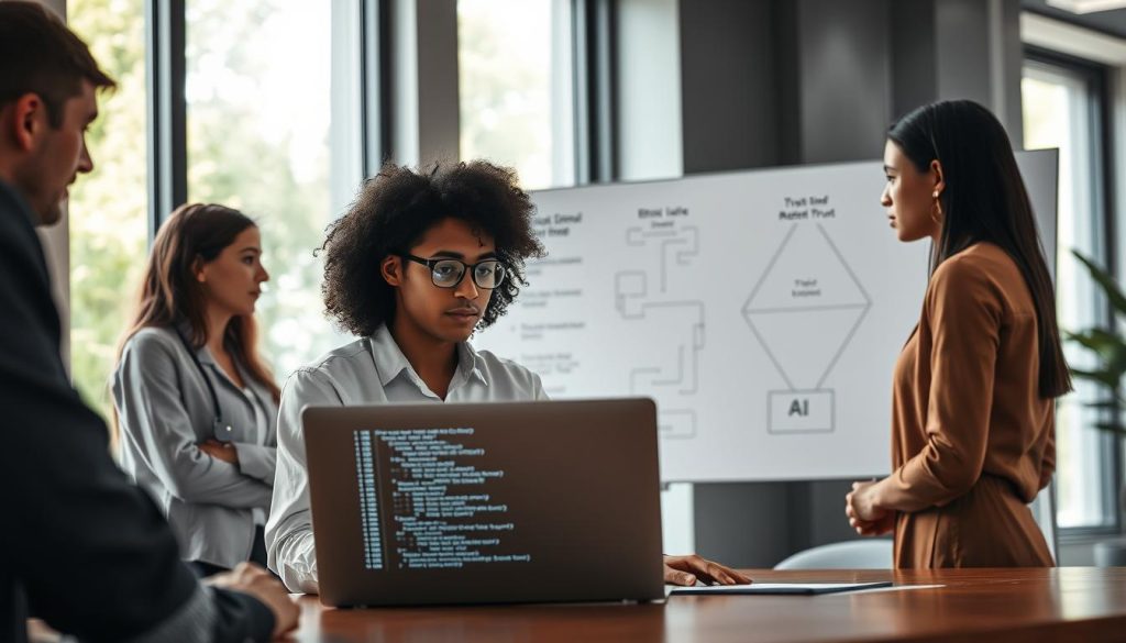 A modern office setting focusing on a diverse group of professionals collaborating on AI development. In the foreground, a male and female engineer, dressed in professional attire, are intently discussing code displayed on a sleek laptop. The middle ground features a digital whiteboard with diagrams illustrating ethical AI principles and trust metrics. In the background, large windows let in soft, natural light, highlighting greenery outside, symbolizing growth and sustainability. The overall atmosphere is one of innovation, cooperation, and trust, with warm lighting to create a welcoming environment. The composition is shot from a slightly elevated angle, drawing attention to the engaged group while maintaining a clean and professional look. A modern office setting focusing on a diverse group of professionals collaborating on AI development. In the foreground, a male and female engineer, dressed in professional attire, are intently discussing code displayed on a sleek laptop. The middle ground features a digital whiteboard with diagrams illustrating ethical AI principles and trust metrics. In the background, large windows let in soft, natural light, highlighting greenery outside, symbolizing growth and sustainability. The overall atmosphere is one of innovation, cooperation, and trust, with warm lighting to create a welcoming environment. The composition is shot from a slightly elevated angle, drawing attention to the engaged group while maintaining a clean and professional look.
