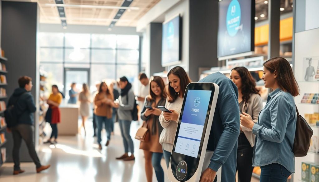 A modern retail store interior bustling with activity, showcasing AI chatbots assisting customers. In the foreground, a sleek, interactive chatbot kiosk with a friendly digital interface. In the middle, diverse customers of various ethnicities and ages interact with the chatbot, some using smartphones to engage with seamless technology. Bright, natural lighting floods through large windows, creating an inviting atmosphere. In the background, shelves are neatly stocked with products, and digital signage highlights AI-driven promotions. The scene conveys a sense of innovation and efficiency, emphasizing the transformation of the retail experience through AI technology. Capture this image with a wide-angle lens to enhance the open, welcoming feel of the store environment. A modern retail store interior bustling with activity, showcasing AI chatbots assisting customers. In the foreground, a sleek, interactive chatbot kiosk with a friendly digital interface. In the middle, diverse customers of various ethnicities and ages interact with the chatbot, some using smartphones to engage with seamless technology. Bright, natural lighting floods through large windows, creating an inviting atmosphere. In the background, shelves are neatly stocked with products, and digital signage highlights AI-driven promotions. The scene conveys a sense of innovation and efficiency, emphasizing the transformation of the retail experience through AI technology. Capture this image with a wide-angle lens to enhance the open, welcoming feel of the store environment.
