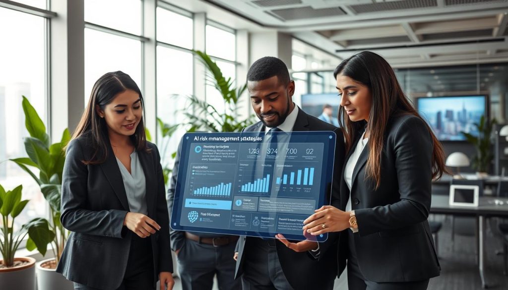 A modern, sleek office environment focusing on "AI risk management" strategies. In the foreground, a diverse group of three professionals in business attire (a woman of Asian descent, a Black man, and a Hispanic woman) huddle over a holographic interface displaying risk assessment data and mitigation strategies. In the middle, a large digital screen shows graphs and charts depicting AI risk statistics. The background features a city skyline visible through large windows, lush green plants, and contemporary office decor, conveying a productive atmosphere. Soft, natural lighting fills the space, creating a calm yet focused mood. The angle is slightly elevated, capturing both the interaction between the team and the futuristic technology they are engaging with. A modern, sleek office environment focusing on "AI risk management" strategies. In the foreground, a diverse group of three professionals in business attire (a woman of Asian descent, a Black man, and a Hispanic woman) huddle over a holographic interface displaying risk assessment data and mitigation strategies. In the middle, a large digital screen shows graphs and charts depicting AI risk statistics. The background features a city skyline visible through large windows, lush green plants, and contemporary office decor, conveying a productive atmosphere. Soft, natural lighting fills the space, creating a calm yet focused mood. The angle is slightly elevated, capturing both the interaction between the team and the futuristic technology they are engaging with.