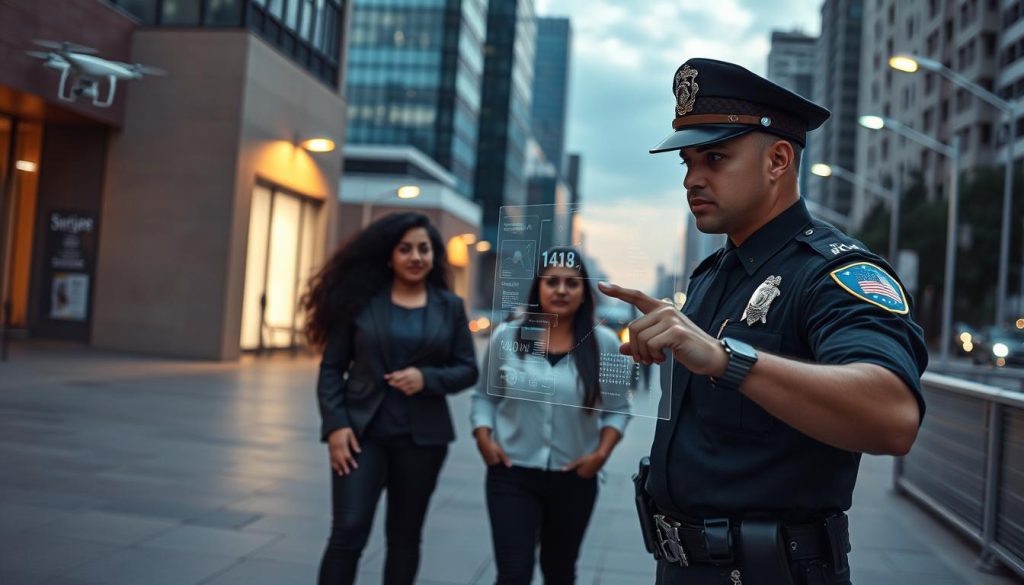 A modern urban scene depicting the role of AI in public safety, focusing on law enforcement. In the foreground, a police officer in professional attire interacts with a holographic interface displaying crime data, showcasing the use of AI technology. The middle ground features diverse community members, including a woman in business attire and a man in modest casual clothing, observing the interaction with a mix of curiosity and concern. The background includes a cityscape with surveillance drones and smart streetlights, representing advanced technology. Use soft, natural lighting with a slight twilight glow to convey a sense of hope and innovation, while maintaining an atmosphere of vigilance. Capture the image at a dynamic angle to emphasize the interaction between AI and public safety. A modern urban scene depicting the role of AI in public safety, focusing on law enforcement. In the foreground, a police officer in professional attire interacts with a holographic interface displaying crime data, showcasing the use of AI technology. The middle ground features diverse community members, including a woman in business attire and a man in modest casual clothing, observing the interaction with a mix of curiosity and concern. The background includes a cityscape with surveillance drones and smart streetlights, representing advanced technology. Use soft, natural lighting with a slight twilight glow to convey a sense of hope and innovation, while maintaining an atmosphere of vigilance. Capture the image at a dynamic angle to emphasize the interaction between AI and public safety.
