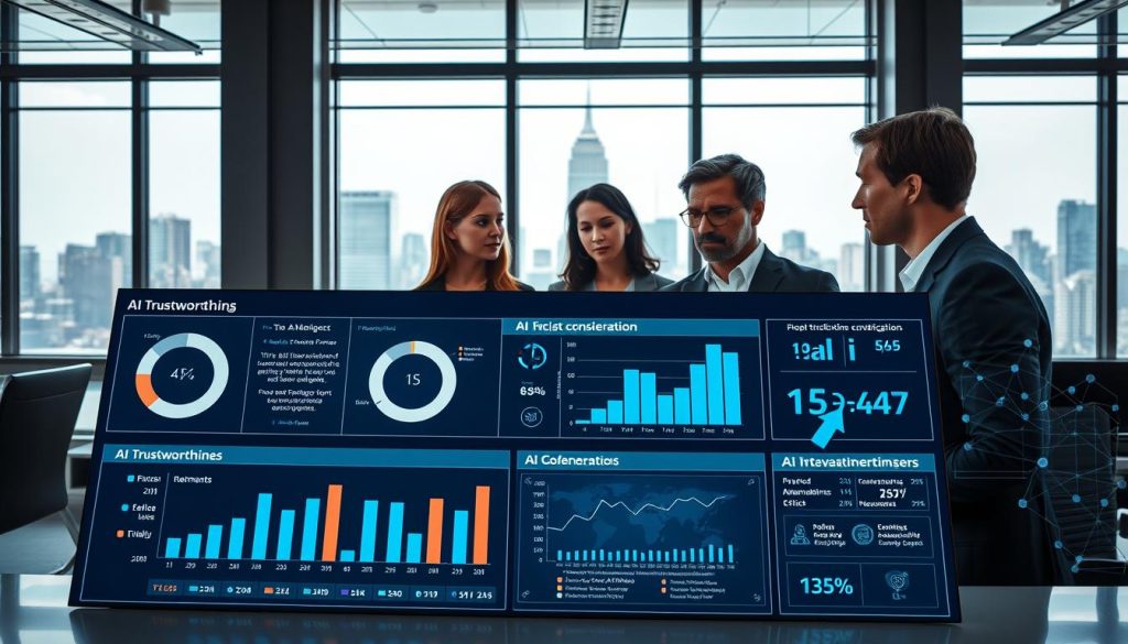 A modern workspace showcasing advanced AI trustworthiness assessment tools. In the foreground, a sleek, interactive digital dashboard displays metrics and graphs related to AI evaluation, with indicators of reliability and ethical considerations. In the middle ground, a diverse group of professionals in business attire are engaged in a discussion, analyzing the displayed data with expressions of focus and collaboration. The background features large windows with a city skyline, allowing natural light to illuminate the scene, creating an atmosphere of innovation and seriousness. The color palette is professional, with blues and grays dominating, and the overall composition suggests a cutting-edge environment where trust in AI is actively assessed and fostered. A modern workspace showcasing advanced AI trustworthiness assessment tools. In the foreground, a sleek, interactive digital dashboard displays metrics and graphs related to AI evaluation, with indicators of reliability and ethical considerations. In the middle ground, a diverse group of professionals in business attire are engaged in a discussion, analyzing the displayed data with expressions of focus and collaboration. The background features large windows with a city skyline, allowing natural light to illuminate the scene, creating an atmosphere of innovation and seriousness. The color palette is professional, with blues and grays dominating, and the overall composition suggests a cutting-edge environment where trust in AI is actively assessed and fostered.