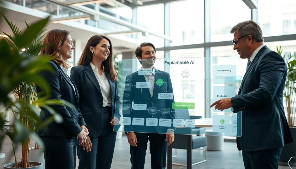 A professional and inviting office environment, illustrating the benefits of Explainable AI. In the foreground, a diverse group of three business professionals, dressed in smart business attire, enthusiastically discussing a digital interactive display showcasing a flowchart of AI decision processes. In the middle, on the display, clearly articulated pathways of data and insights are visible, symbolizing transparency and understanding. In the background, an open space with modern design elements, plants to create a pleasant atmosphere, and large windows allowing natural light to flood in. The lighting is bright but soft, evoking a sense of optimism and collaboration. The overall mood is focused and inspiring, emphasizing clarity and trust in AI technologies.