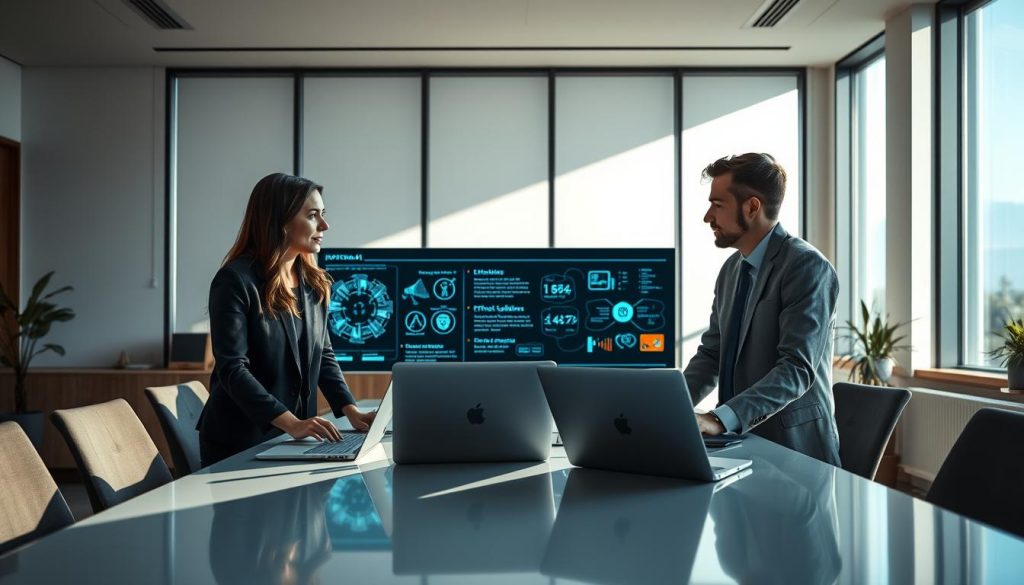 A serene office environment showcasing "Responsible AI Development." In the foreground, a diverse group of three professionals—two women and one man—are collaborating around a sleek, modern table with laptops open, engaged in a thoughtful discussion. The middle layer features a large digital screen displaying flowing data visualizations and ethical guidelines related to AI applications, illuminated in cool blues and greens. In the background, large windows allow natural light to pour in, casting soft shadows across the room, creating a calm, focused atmosphere. The mood is collaborative and innovative, emphasizing teamwork and forward-thinking in the development of ethical AI solutions. The composition should capture a welcoming and productive workspace, with a wide-angle perspective to enhance depth. A serene office environment showcasing "Responsible AI Development." In the foreground, a diverse group of three professionals—two women and one man—are collaborating around a sleek, modern table with laptops open, engaged in a thoughtful discussion. The middle layer features a large digital screen displaying flowing data visualizations and ethical guidelines related to AI applications, illuminated in cool blues and greens. In the background, large windows allow natural light to pour in, casting soft shadows across the room, creating a calm, focused atmosphere. The mood is collaborative and innovative, emphasizing teamwork and forward-thinking in the development of ethical AI solutions. The composition should capture a welcoming and productive workspace, with a wide-angle perspective to enhance depth.