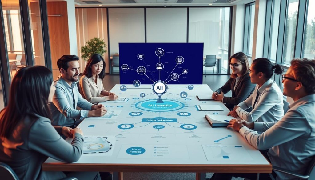 A serene office space set up for a collaborative brainstorming session about AI alignment. In the foreground, a diverse group of professionals in business attire engages around a large table covered with diagrams and charts illustrating AI values. In the middle, a large digital display shows interconnected nodes symbolizing various human values and ethical considerations in AI systems. The background features a modern office with large windows letting in soft, natural light that creates an inviting atmosphere. The color palette is warm and calming, with hues of blue and green promoting a sense of trust and collaboration. The angle is slightly aerial, capturing both the focused expressions of the participants and the visual representation on the screen. The overall mood is professional yet optimistic, reflecting the importance of aligning AI systems with human values. A serene office space set up for a collaborative brainstorming session about AI alignment. In the foreground, a diverse group of professionals in business attire engages around a large table covered with diagrams and charts illustrating AI values. In the middle, a large digital display shows interconnected nodes symbolizing various human values and ethical considerations in AI systems. The background features a modern office with large windows letting in soft, natural light that creates an inviting atmosphere. The color palette is warm and calming, with hues of blue and green promoting a sense of trust and collaboration. The angle is slightly aerial, capturing both the focused expressions of the participants and the visual representation on the screen. The overall mood is professional yet optimistic, reflecting the importance of aligning AI systems with human values.