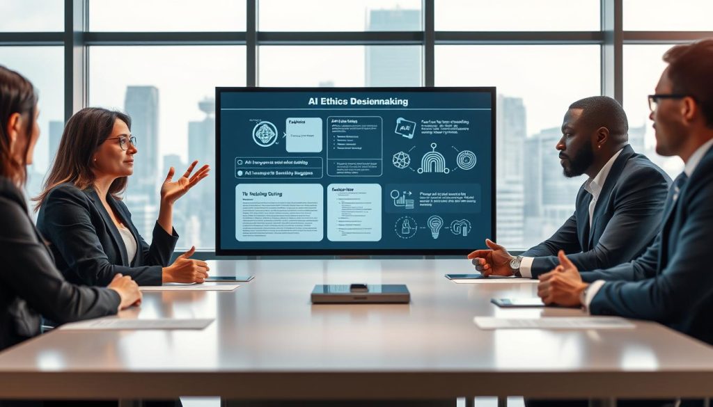 A serene roundtable discussion scene focused on AI ethical decision-making, set in a modern conference room. In the foreground, diverse stakeholders—two women and two men—are engaged in conversation, each dressed in professional business attire. One woman, of Asian descent, gestures thoughtfully, while a Black man leans forward, listening intently. The middle ground features a large, interactive screen displaying abstract ethical frameworks and AI algorithms. The background shows large windows with city skyline views, allowing natural light to fill the room, creating a bright and open atmosphere. The lighting is soft and warm, enhancing an atmosphere of collaboration and open dialogue. The overall mood is constructive and forward-thinking, emphasizing the importance of stakeholder perspectives on AI ethics.