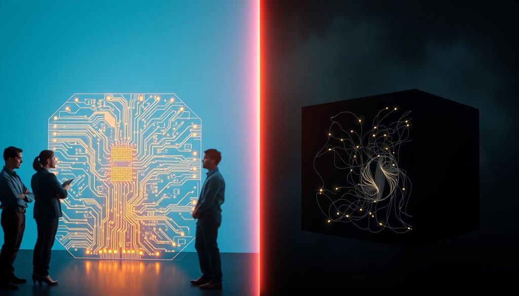 A split-screen image showcasing the contrast between Explainable AI (XAI) and Black Box AI. On the left side, depict XAI as a transparent, glowing circuit board with clear, illuminated paths representing data flows, set against a calm, blue background. Include people in professional attire analyzing the circuits, with expressions of curiosity and understanding. On the right side, illustrate Black Box AI as an opaque, dark structure with complex, chaotic wiring inside, emanating faint, eerie lights, symbolizing its mystery. The background here should be a gradient of shadowy colors, creating a sense of unease. Use soft, but contrasting lighting to enhance the mood, focusing the viewpoint on the central divide between clarity and obscurity, with a slight depth of field to emphasize the subjects.