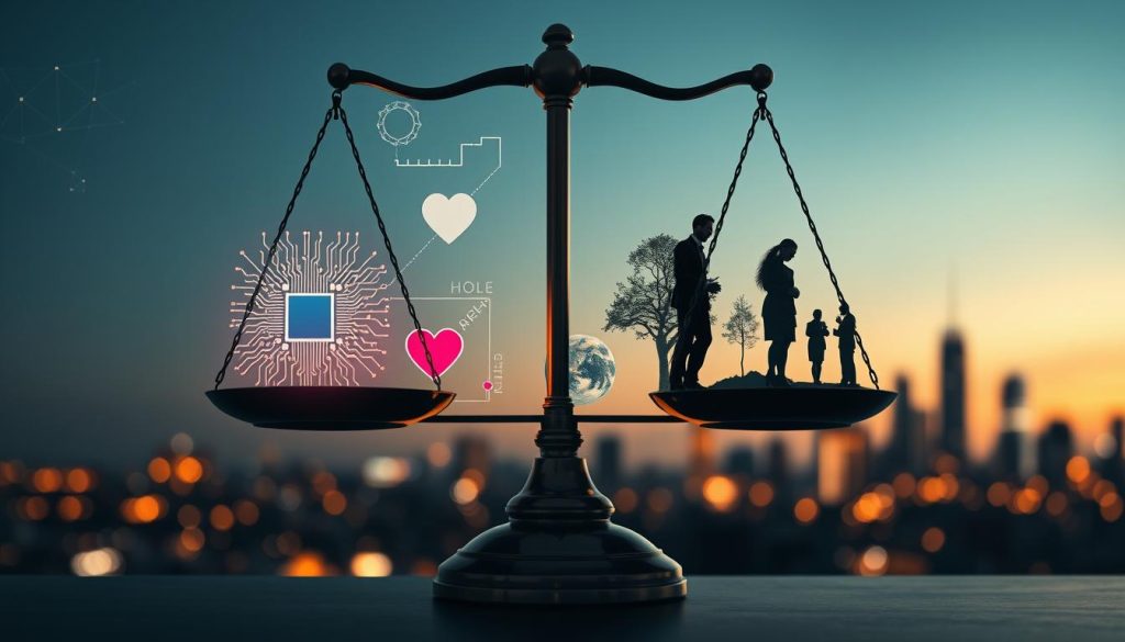 A striking visual representation of AI ethics, featuring a balance scale in the foreground, with one side holding a glowing, intricate circuit board representing technology, and the other side filled with symbols of humanity, such as a heart, a globe, and people in professional attire collaborating. The middle ground showcases abstract shapes and digital elements seamlessly merging with natural elements like trees and earth, symbolizing the relationship between technology and nature. The background is a softly blurred city skyline at dusk, illuminated with warm lights, creating a hopeful and thoughtful atmosphere. Use soft, diffused lighting to enhance a sense of reflection and contemplation, with a slightly elevated angle to capture the depth of the scene and evoke a mood of balance and ethical consideration. A striking visual representation of AI ethics, featuring a balance scale in the foreground, with one side holding a glowing, intricate circuit board representing technology, and the other side filled with symbols of humanity, such as a heart, a globe, and people in professional attire collaborating. The middle ground showcases abstract shapes and digital elements seamlessly merging with natural elements like trees and earth, symbolizing the relationship between technology and nature. The background is a softly blurred city skyline at dusk, illuminated with warm lights, creating a hopeful and thoughtful atmosphere. Use soft, diffused lighting to enhance a sense of reflection and contemplation, with a slightly elevated angle to capture the depth of the scene and evoke a mood of balance and ethical consideration.