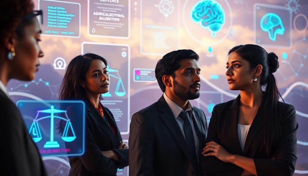 A surreal scene depicting "AI Ethical Decision Making" in a conceptual environment. In the foreground, a diverse group of three professionals—one Black woman, one Hispanic man, and one South Asian woman—are engaged in a thoughtful discussion, all dressed in professional attire. In the middle ground, a visually appealing interface made up of vibrant holographic screens displaying ethical dilemmas and algorithms intertwines with philosophical symbols, like scales and a brain. The background features abstract representations of a digital landscape with ethereal clouds of data streams. Soft, diffused lighting emanates from the holograms, casting a gentle glow on the professionals’ focused expressions, instilling an atmosphere of contemplation and collaboration. The overall mood is serious yet hopeful, capturing the essence of exploring ethical frameworks in AI.