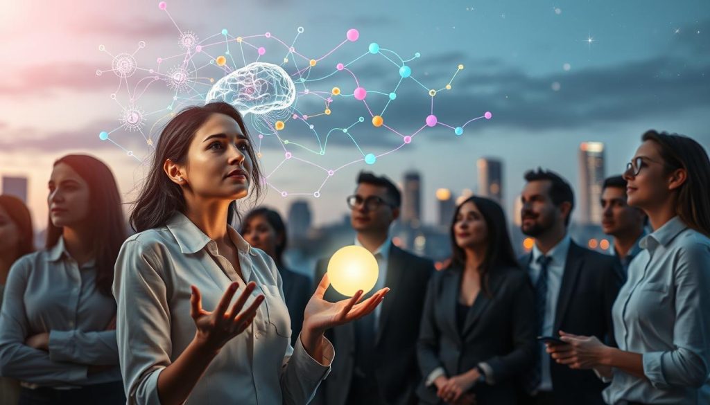 A surreal scene illustrating intuitive leaps in human cognition, featuring a diverse group of professionals in modest business attire, engaged in deep contemplation and discussion. In the foreground, a woman with a thoughtful expression holds a glowing orb of light, symbolizing inspiration and insight. The middle ground reveals abstract thought patterns and neural connections, represented as vibrant colors weaving through the air, suggesting the complexity of human thought. In the background, a softly lit city skyline at dusk, with stars beginning to twinkle, enhancing the atmosphere of exploration and innovation. Use soft lighting to create a warm, inviting mood, focusing on depth and clarity with a slight bokeh effect on the background elements, presenting a dream-like quality that captures the essence of intuition. A surreal scene illustrating intuitive leaps in human cognition, featuring a diverse group of professionals in modest business attire, engaged in deep contemplation and discussion. In the foreground, a woman with a thoughtful expression holds a glowing orb of light, symbolizing inspiration and insight. The middle ground reveals abstract thought patterns and neural connections, represented as vibrant colors weaving through the air, suggesting the complexity of human thought. In the background, a softly lit city skyline at dusk, with stars beginning to twinkle, enhancing the atmosphere of exploration and innovation. Use soft lighting to create a warm, inviting mood, focusing on depth and clarity with a slight bokeh effect on the background elements, presenting a dream-like quality that captures the essence of intuition.