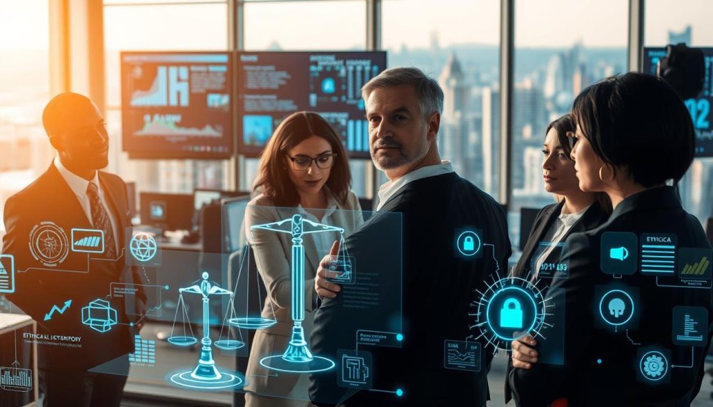 A thoughtfully composed scene depicting the ethical dilemmas surrounding AI technology. In the foreground, a diverse group of professionals in business attire, deep in discussion, surrounded by holographic images of ethical scales, data charts, and AI interfaces. In the middle ground, a modern office environment filled with screens displaying AI algorithms, illustrating both the benefits and risks of technology, including surveillance and data privacy issues. The background features a large window showing a city skyline, symbolizing the broader societal impact of AI. The lighting is soft yet focused, casting a thoughtful ambiance. The overall mood is serious and contemplative, invoking a sense of responsibility and clarity regarding AI's future.