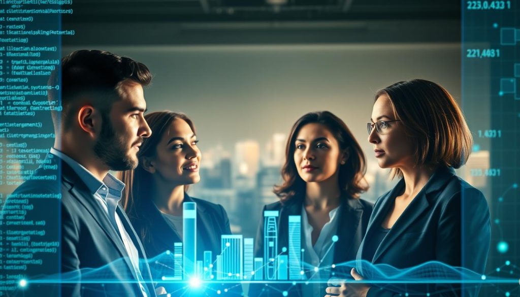 A transparent digital interface displaying lines of code and algorithms in soft blue and green hues, symbolizing AI transparency. In the foreground, a diverse group of professionals—two men and two women of different ethnicities—are engaged in a thoughtful discussion, dressed in smart business attire. In the middle, the translucent interface is layered with holographic visuals showing data flow and interconnected nodes, emphasizing clarity and openness. The background features an abstract city skyline, with soft light emanating from the horizon, suggesting innovation and the future. The overall mood is collaborative and forward-thinking, with bright, uplifting lighting that highlights the importance of trust and transparency in AI development. The scene is captured from a slightly elevated angle, enhancing the depth and engagement of the discussion. A transparent digital interface displaying lines of code and algorithms in soft blue and green hues, symbolizing AI transparency. In the foreground, a diverse group of professionals—two men and two women of different ethnicities—are engaged in a thoughtful discussion, dressed in smart business attire. In the middle, the translucent interface is layered with holographic visuals showing data flow and interconnected nodes, emphasizing clarity and openness. The background features an abstract city skyline, with soft light emanating from the horizon, suggesting innovation and the future. The overall mood is collaborative and forward-thinking, with bright, uplifting lighting that highlights the importance of trust and transparency in AI development. The scene is captured from a slightly elevated angle, enhancing the depth and engagement of the discussion.