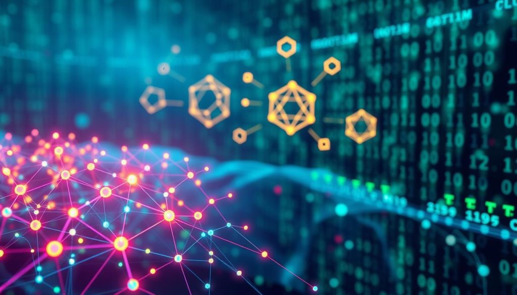 A vibrant, abstract representation of unsupervised learning algorithms. In the foreground, a glowing network of interconnected nodes symbolizes data clusters, with colorful lines illustrating their relationships. In the middle ground, a series of geometric shapes and patterns float, representing commonly used algorithms like K-means, hierarchical clustering, and DBSCAN. The background features a digital, matrix-like design, with fading binary code and softly illuminated data patterns, creating a sense of depth and mystery. The entire composition is infused with cool blue and green tones, conveying a calm and innovative atmosphere. The lighting is ethereal, with a soft glow emanating from the nodes, enhancing the futuristic vibe of the scene. Shot from a slightly elevated angle to capture the intricate details, ensuring a professional and polished look. No text or markings present. A vibrant, abstract representation of unsupervised learning algorithms. In the foreground, a glowing network of interconnected nodes symbolizes data clusters, with colorful lines illustrating their relationships. In the middle ground, a series of geometric shapes and patterns float, representing commonly used algorithms like K-means, hierarchical clustering, and DBSCAN. The background features a digital, matrix-like design, with fading binary code and softly illuminated data patterns, creating a sense of depth and mystery. The entire composition is infused with cool blue and green tones, conveying a calm and innovative atmosphere. The lighting is ethereal, with a soft glow emanating from the nodes, enhancing the futuristic vibe of the scene. Shot from a slightly elevated angle to capture the intricate details, ensuring a professional and polished look. No text or markings present.