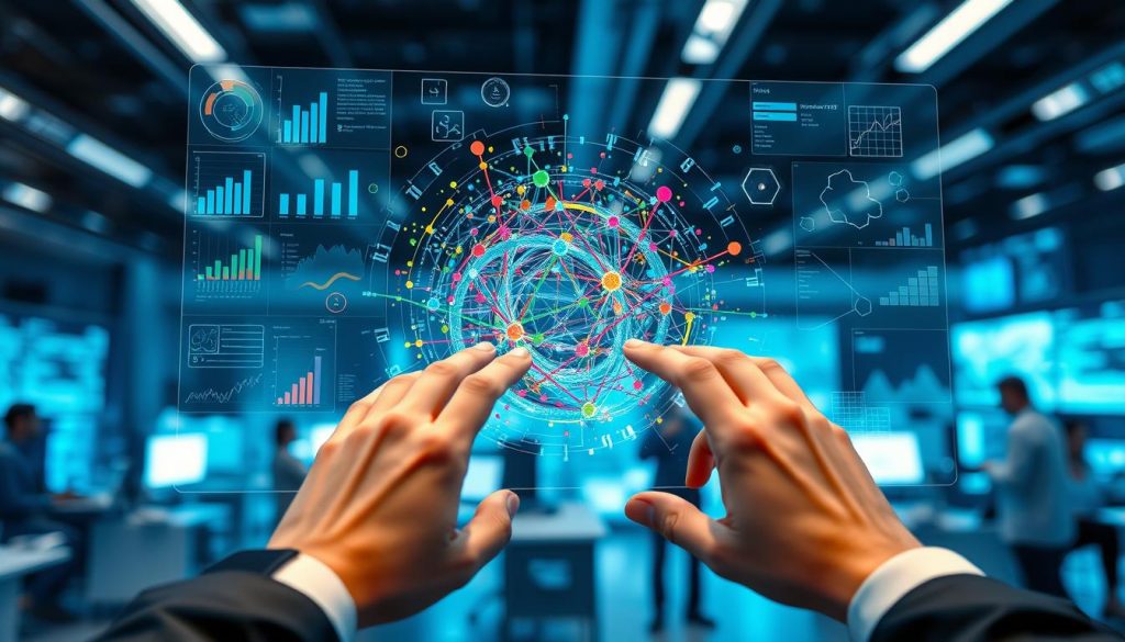 A vibrant and complex digital landscape showcasing the concept of "Discovering Data Patterns." In the foreground, a pair of hands, clad in smart casual attire, is manipulating a holographic interface displaying intricate data visualizations, such as charts and graphs. In the middle ground, an abstract swirl of colorful data points emerges, connecting and clustering to represent hidden patterns, with various geometric shapes illustrating data relationships. The background features a softly blurred, high-tech environment with glowing screens and blurred figures of researchers engaged in analysis, emphasizing collaboration. The scene is illuminated with cool blue and green lighting, suggesting a high-tech atmosphere. The camera angle is slightly tilted to create dynamism, inviting viewers to delve into the exploration of data insights. The overall mood is one of discovery, curiosity, and professional innovation. A vibrant and complex digital landscape showcasing the concept of "Discovering Data Patterns." In the foreground, a pair of hands, clad in smart casual attire, is manipulating a holographic interface displaying intricate data visualizations, such as charts and graphs. In the middle ground, an abstract swirl of colorful data points emerges, connecting and clustering to represent hidden patterns, with various geometric shapes illustrating data relationships. The background features a softly blurred, high-tech environment with glowing screens and blurred figures of researchers engaged in analysis, emphasizing collaboration. The scene is illuminated with cool blue and green lighting, suggesting a high-tech atmosphere. The camera angle is slightly tilted to create dynamism, inviting viewers to delve into the exploration of data insights. The overall mood is one of discovery, curiosity, and professional innovation.