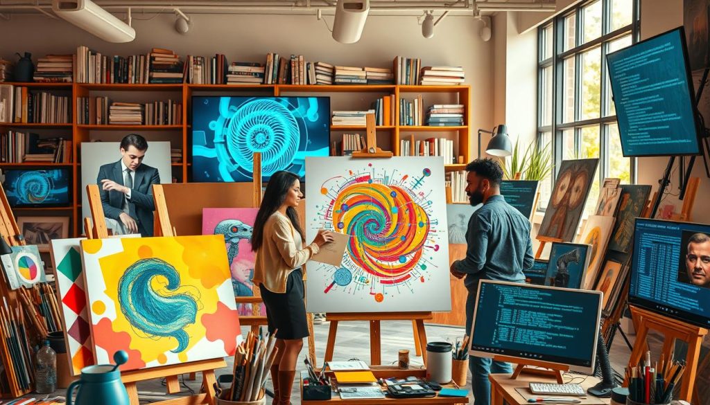 A vibrant art studio filled with an array of art supplies and digital devices, symbolizing the clash between traditional and AI-generated creativity. In the foreground, a diverse group of artists—two women and a man dressed in smart casual attire—are collaborating, surrounded by canvases featuring abstract designs and digital screens displaying AI-generated artwork. In the middle ground, a large canvas showcases a swirling mix of colors representing an AI's imaginative concepts, while another screen displays code and algorithms converting into visual patterns. The background features shelves filled with art books and a large window allowing warm, natural light to stream in, creating an inspiring and optimistic atmosphere. The image should evoke a sense of innovation and collaboration, highlighting the question of creativity in the age of AI. A vibrant art studio filled with an array of art supplies and digital devices, symbolizing the clash between traditional and AI-generated creativity. In the foreground, a diverse group of artists—two women and a man dressed in smart casual attire—are collaborating, surrounded by canvases featuring abstract designs and digital screens displaying AI-generated artwork. In the middle ground, a large canvas showcases a swirling mix of colors representing an AI's imaginative concepts, while another screen displays code and algorithms converting into visual patterns. The background features shelves filled with art books and a large window allowing warm, natural light to stream in, creating an inspiring and optimistic atmosphere. The image should evoke a sense of innovation and collaboration, highlighting the question of creativity in the age of AI.