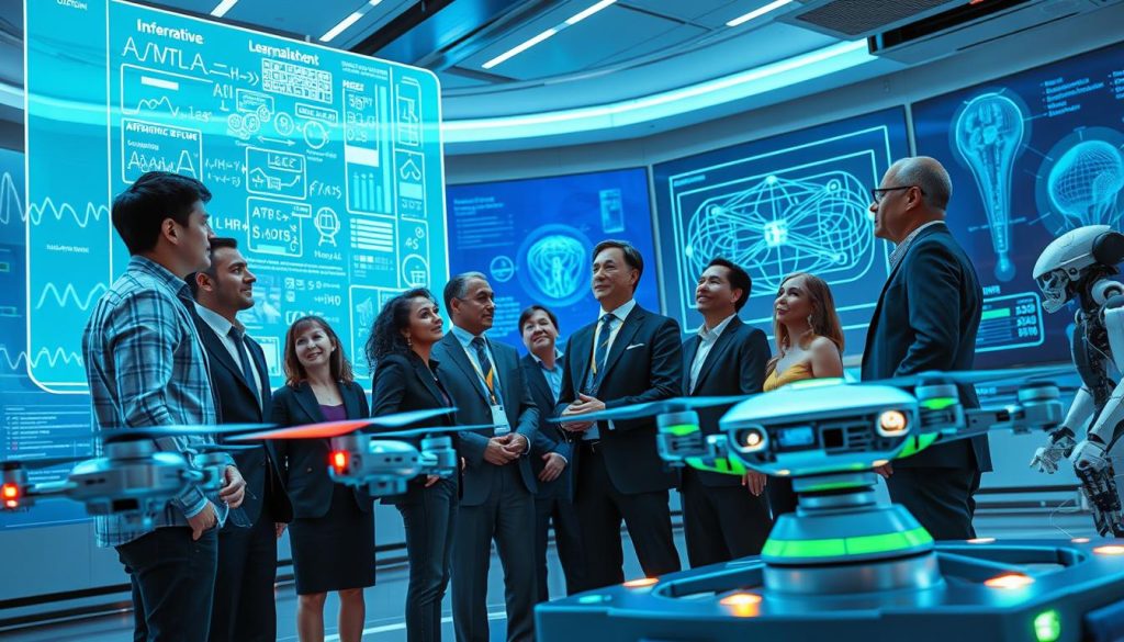 A vibrant, futuristic scene depicting the concept of reinforcement learning in action. In the foreground, a diverse group of professionals in smart business attire is gathered around a large, interactive holographic display showcasing complex algorithms and data visualizations. Their expressions reflect curiosity and engagement as they discuss insights. In the middle, robotic and AI elements, like drones and automated agents, are engaged in dynamic learning tasks, illustrating trial and error processes. The background features a sleek, high-tech environment with large screens displaying graphs and neural network diagrams, bathed in cool blue and green lighting. The atmosphere conveys innovation and collaboration, with an overall sense of excitement about the potential of AI self-improvement through reinforcement learning, captured from a slightly elevated angle for a comprehensive view. A vibrant, futuristic scene depicting the concept of reinforcement learning in action. In the foreground, a diverse group of professionals in smart business attire is gathered around a large, interactive holographic display showcasing complex algorithms and data visualizations. Their expressions reflect curiosity and engagement as they discuss insights. In the middle, robotic and AI elements, like drones and automated agents, are engaged in dynamic learning tasks, illustrating trial and error processes. The background features a sleek, high-tech environment with large screens displaying graphs and neural network diagrams, bathed in cool blue and green lighting. The atmosphere conveys innovation and collaboration, with an overall sense of excitement about the potential of AI self-improvement through reinforcement learning, captured from a slightly elevated angle for a comprehensive view.