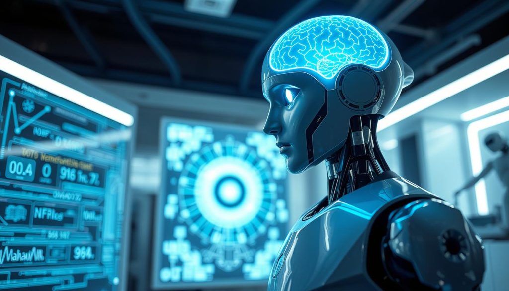 A visual representation of "Artificial Consciousness," featuring a humanoid robot in a sleek, futuristic setting. In the foreground, the robot stands elegantly with an illuminated brain-like structure, symbolizing conscious thought. Its eyes glow with a soft blue light, reflecting an array of digital data and abstract patterns, hinting at deep intelligence. In the middle ground, there are translucent screens displaying complex algorithms and neural networks, enhancing the theme of advanced technology. The background showcases a modern laboratory environment with high-tech gadgets and soft LED lighting, casting a serene ambiance. The mood is contemplative and innovative, inviting viewers to ponder the essence of consciousness in the realm of artificial intelligence, captured from a slightly low angle for an imposing perspective.