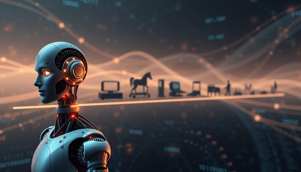 A visual representation of the "Evolution of Artificial Intelligence," showcasing a timeline across the image. In the foreground, feature a prominent humanoid robot symbolizing modern AI, with intricate circuits glowing softly. In the middle ground, display historical milestones like early computers and Turing machines, elegantly arranged to flow from left to right, illustrating the progression of technology. The background suggests a digital landscape, filled with abstract data streams and binary codes, merging seamlessly. Soft, futuristic lighting enhances the atmosphere, casting a warm glow on the robot while cooler tones depict the historical elements. Use a slight panoramic angle to highlight the timeline’s significance, evoking a sense of wonder and contemplation about AI's past and future. A visual representation of the "Evolution of Artificial Intelligence," showcasing a timeline across the image. In the foreground, feature a prominent humanoid robot symbolizing modern AI, with intricate circuits glowing softly. In the middle ground, display historical milestones like early computers and Turing machines, elegantly arranged to flow from left to right, illustrating the progression of technology. The background suggests a digital landscape, filled with abstract data streams and binary codes, merging seamlessly. Soft, futuristic lighting enhances the atmosphere, casting a warm glow on the robot while cooler tones depict the historical elements. Use a slight panoramic angle to highlight the timeline’s significance, evoking a sense of wonder and contemplation about AI's past and future.