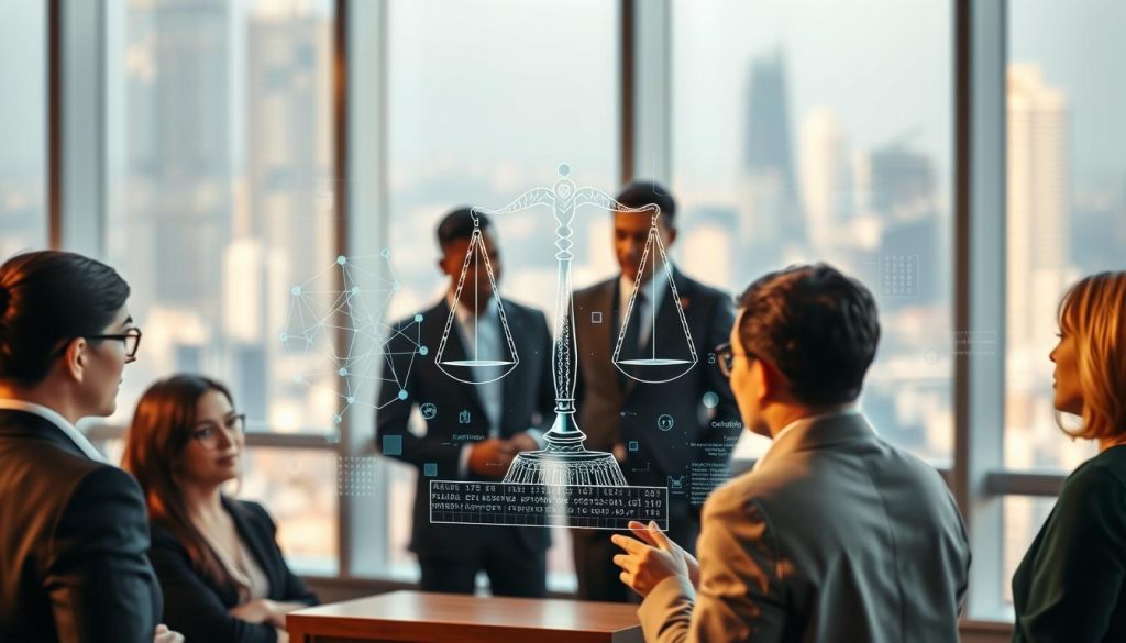 A visualization of ethical considerations in deep learning. In the foreground, a diverse group of professionals in business attire, engaged in a thoughtful discussion around a transparent, high-tech digital interface displaying complex neural networks and ethical dilemmas. In the middle ground, abstract representations of justice scales and data streams intertwining, symbolizing the balance between technology and morality. The background features a soft-focus cityscape, symbolizing the real-world impact of deep learning on society. Use warm, natural lighting to create an inviting atmosphere, with a slightly elevated angle to capture the depth of the conversation, fostering a sense of collaboration and reflection on ethical implications. A visualization of ethical considerations in deep learning. In the foreground, a diverse group of professionals in business attire, engaged in a thoughtful discussion around a transparent, high-tech digital interface displaying complex neural networks and ethical dilemmas. In the middle ground, abstract representations of justice scales and data streams intertwining, symbolizing the balance between technology and morality. The background features a soft-focus cityscape, symbolizing the real-world impact of deep learning on society. Use warm, natural lighting to create an inviting atmosphere, with a slightly elevated angle to capture the depth of the conversation, fostering a sense of collaboration and reflection on ethical implications.