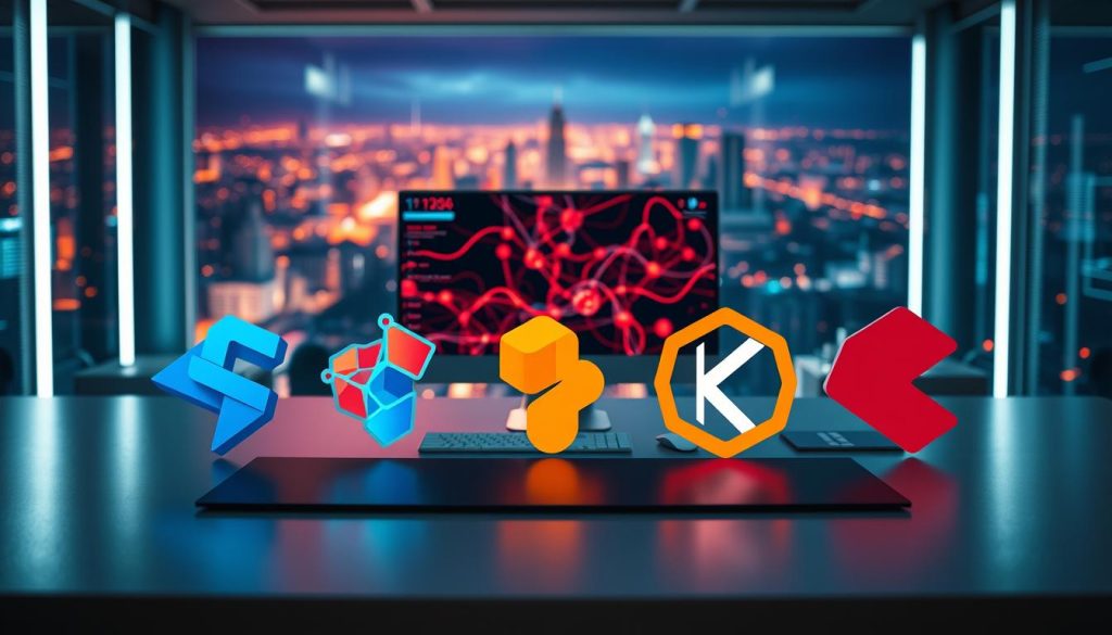 A visually captivating representation of popular deep learning frameworks. In the foreground, display iconic logos of frameworks like TensorFlow, PyTorch, and Keras, artistically arranged on a sleek, modern workspace desk. In the middle ground, create an abstract visualization of neural networks and data flow patterns, using vibrant colors to symbolize complexity and innovation. The background should feature a digital landscape, hinting at a futuristic cityscape illuminated by soft neon lights, evoking a sense of advancement and technology. The overall mood should feel inspiring and dynamic, with soft lighting enhancing the clarity and precision of each framework’s logo. Use a wide-angle lens to provide depth and perspective in this tech-savvy environment. A visually captivating representation of popular deep learning frameworks. In the foreground, display iconic logos of frameworks like TensorFlow, PyTorch, and Keras, artistically arranged on a sleek, modern workspace desk. In the middle ground, create an abstract visualization of neural networks and data flow patterns, using vibrant colors to symbolize complexity and innovation. The background should feature a digital landscape, hinting at a futuristic cityscape illuminated by soft neon lights, evoking a sense of advancement and technology. The overall mood should feel inspiring and dynamic, with soft lighting enhancing the clarity and precision of each framework’s logo. Use a wide-angle lens to provide depth and perspective in this tech-savvy environment.