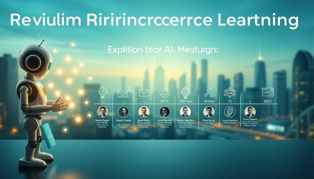 A visually captivating representation of the "Evolution of Reinforcement Learning," showcasing key milestones in a sophisticated manner. In the foreground, a stylized robot interacts with various learning algorithms displayed as glowing nodes, depicting the progression from simple to complex models. The middle layer features a timeline-like design that presents famous figures in the field, each surrounded by icons symbolizing their contributions, such as charts, graphs, and neural networks. In the background, a futuristic cityscape hints at the applications of reinforcement learning in AI. Soft, ambient lighting with a blue and green color palette creates a sense of innovation and progress. The mood is inspirational, emphasizing the transformative journey of reinforcement learning through time. A visually captivating representation of the "Evolution of Reinforcement Learning," showcasing key milestones in a sophisticated manner. In the foreground, a stylized robot interacts with various learning algorithms displayed as glowing nodes, depicting the progression from simple to complex models. The middle layer features a timeline-like design that presents famous figures in the field, each surrounded by icons symbolizing their contributions, such as charts, graphs, and neural networks. In the background, a futuristic cityscape hints at the applications of reinforcement learning in AI. Soft, ambient lighting with a blue and green color palette creates a sense of innovation and progress. The mood is inspirational, emphasizing the transformative journey of reinforcement learning through time.