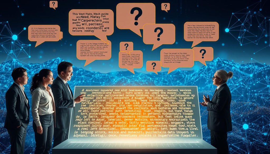 A visually compelling representation of the challenges in AI Natural Language Processing. In the foreground, depict a diverse group of professionals, dressed in smart business attire, collaboratively analyzing a complex, glowing text interface filled with incomprehensible words and symbols, expressing their concern. The middle layer showcases fragmented speech bubbles floating around them, some filled with jumbled text and question marks, symbolizing misunderstandings and misinterpretations. In the background, a digital landscape filled with abstract representations of neural networks and algorithms, subtly illuminated by a soft blue light, creates an atmosphere of technological advancement mixed with uncertainty. The overall mood is serious yet thought-provoking, emphasizing the intricate limitations of AI in understanding human language.