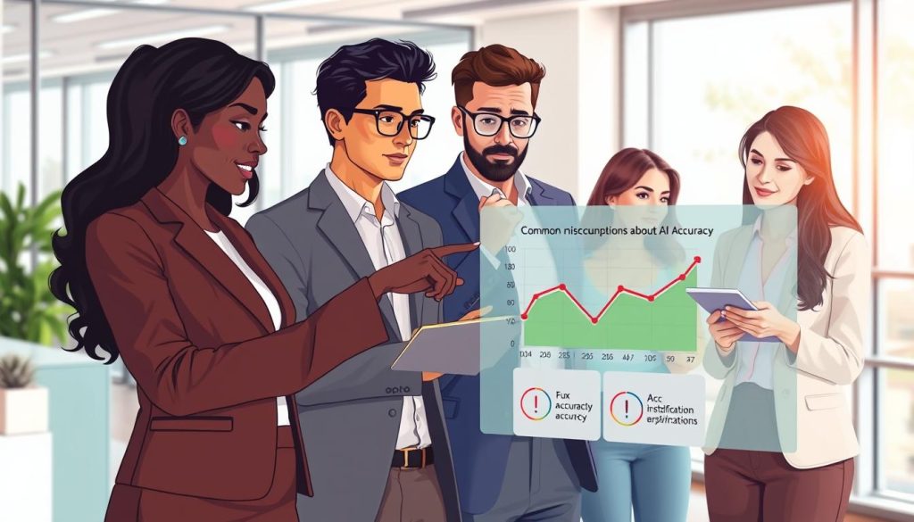 A visually engaging illustration depicting a modern office scene with a diverse group of professionals gathered around a digital display screen. In the foreground, a Black woman in professional business attire points at a graph showing fluctuating accuracy rates of AI, expressing curiosity. Beside her, a South Asian man adjusts his glasses, contemplating the data, while a Caucasian woman takes notes. In the middle ground, the digital screen showcases common misconceptions about AI accuracy, represented by icons or symbols like a checkmark and an exclamation mark, contrasting correct vs. incorrect notions. The background features a bright and inviting office environment with soft natural lighting filtering through large windows, conveying a thoughtful and insightful atmosphere. The image should have a slight tilt, encouraging the viewer to engage with the scene dynamically, and focus on the professionals’ expressions of inquiry and discussion.