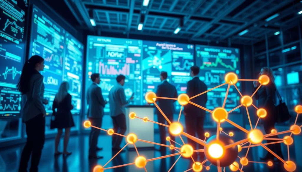 A visually engaging illustration depicting the basics of neural networks. In the foreground, a stylized neural network diagram with interconnected nodes glowing softly, representing neurons influencing each other. In the middle ground, a diverse group of professionals in business attire collaborates around a digital interface, analyzing data inputs and outputs from the neural network. The background features a sleek, high-tech environment with large screens displaying abstract data visualizations and algorithms, bathed in cool blue and green ambient lighting. The overall atmosphere is one of innovation and collaboration, emphasizing the transformative role of machine learning in artificial intelligence. The image is captured from a slight low angle, enhancing the sense of depth and engagement with the technology. A visually engaging illustration depicting the basics of neural networks. In the foreground, a stylized neural network diagram with interconnected nodes glowing softly, representing neurons influencing each other. In the middle ground, a diverse group of professionals in business attire collaborates around a digital interface, analyzing data inputs and outputs from the neural network. The background features a sleek, high-tech environment with large screens displaying abstract data visualizations and algorithms, bathed in cool blue and green ambient lighting. The overall atmosphere is one of innovation and collaboration, emphasizing the transformative role of machine learning in artificial intelligence. The image is captured from a slight low angle, enhancing the sense of depth and engagement with the technology.