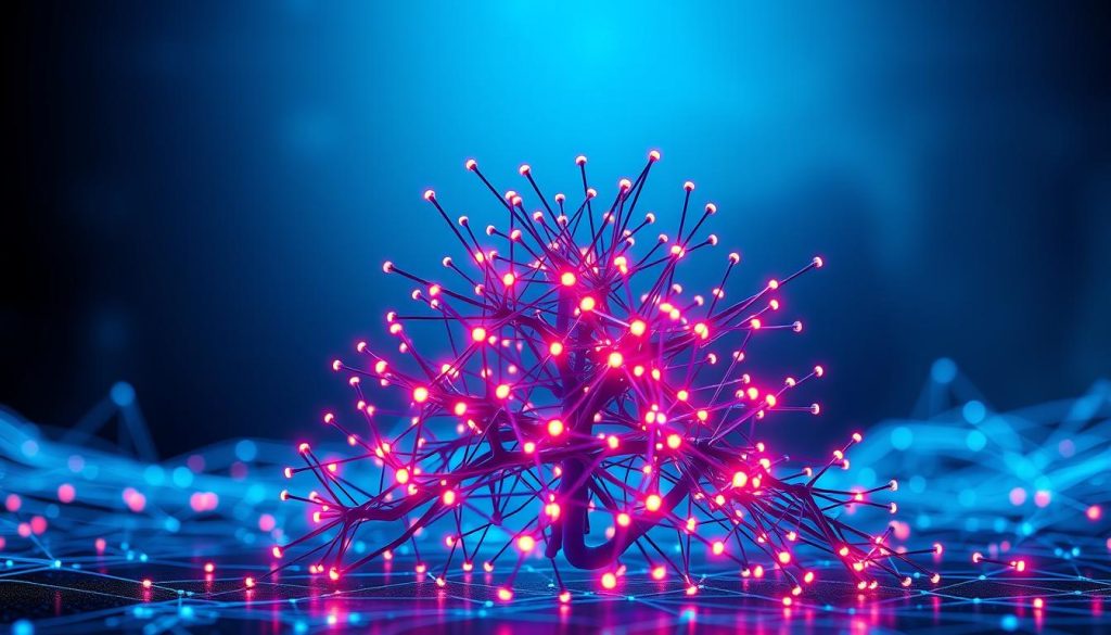 A visually engaging representation of a neural network architecture, featuring layers of interconnected nodes and synapses depicted in vibrant colors. In the foreground, a 3D model of a neural network with glowing, pulsing connections, showcasing the flow of information. The middle ground includes a gradient background transitioning from dark blue to light, symbolizing data processing and energy. In the background, abstract shapes representing data inputs and outputs, layered to illustrate depth and complexity. Illuminated by soft, diffused lighting, creating a futuristic atmosphere. The angle should be slightly tilted to enhance the dynamic perspective, inviting viewers into the intricate world of neural networks while maintaining a clean and professional look.