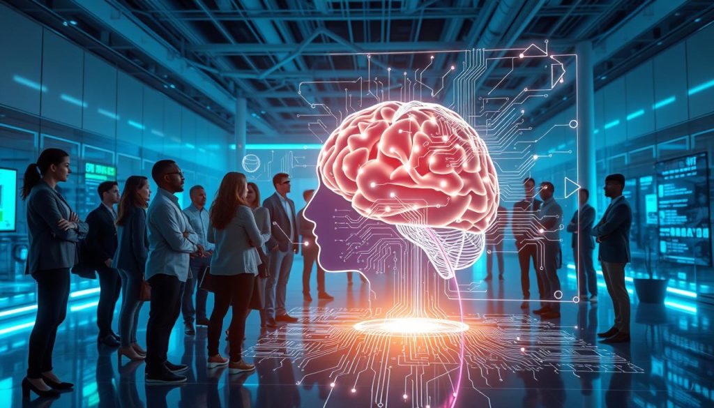 A visually striking depiction of "Machine Learning Techniques" juxtaposed with symbols of human learning. In the foreground, a diverse group of professionals in business attire interacts with a large holographic interface displaying neural networks and algorithms, symbolizing machine learning. In the middle ground, a silhouette of a human brain illuminated with circuitry patterns to represent the integration of AI and human intelligence. The background features a serene yet futuristic workspace filled with soft blue and green ambient lighting, hinting at innovation and creativity. The overall atmosphere conveys a sense of collaboration and discovery in the realm of learning processes. Capture this scene with a slight upward angle, focusing on the interplay between technology and humanity, ensuring clarity and depth in details. A visually striking depiction of "Machine Learning Techniques" juxtaposed with symbols of human learning. In the foreground, a diverse group of professionals in business attire interacts with a large holographic interface displaying neural networks and algorithms, symbolizing machine learning. In the middle ground, a silhouette of a human brain illuminated with circuitry patterns to represent the integration of AI and human intelligence. The background features a serene yet futuristic workspace filled with soft blue and green ambient lighting, hinting at innovation and creativity. The overall atmosphere conveys a sense of collaboration and discovery in the realm of learning processes. Capture this scene with a slight upward angle, focusing on the interplay between technology and humanity, ensuring clarity and depth in details.