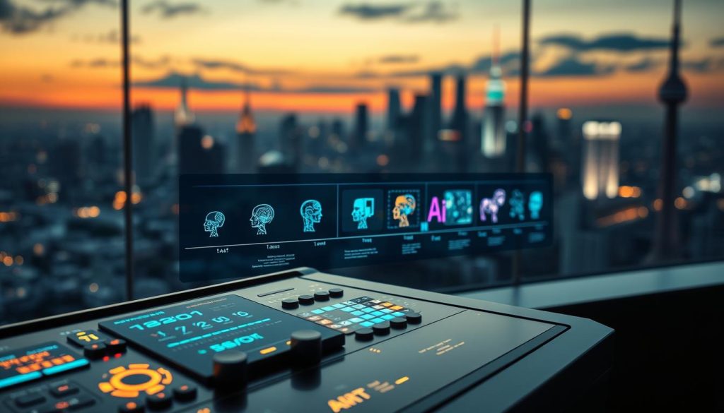 A visually striking depiction of the evolution of AI control systems, divided into three distinct layers. In the foreground, a sleek, futuristic control console featuring glowing interfaces and various holographic displays showing different AI models from past to present. In the middle ground, a timeline illustrated with a progression of AI technology, starting from early rudimentary systems to advanced neural networks, represented with vibrant graphics. In the background, a city skyline at dusk, illuminated by soft neon lights to evoke a sense of technological advancement and futurism. Use dynamic, dramatic lighting to create an atmosphere of innovation and progress, with a slight depth of field effect to emphasize the control console. The image should reflect a mood of curiosity and exploration regarding AI autonomy, devoid of any text or watermarks.