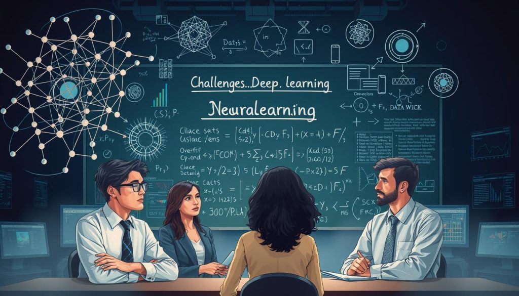 A visually striking illustration depicting the challenges in deep learning. In the foreground, a diverse group of three professionals in business attire, a male Asian computer scientist, a female Black data analyst, and a male Caucasian engineer, engage in a brainstorming session. They are surrounded by complex visual representations of neural networks, data sets, and code snippets looming around them. In the middle ground, a large chalkboard filled with algorithms and equations highlighting common obstacles like overfitting and data bias. The background features a dimly-lit tech lab setting, with screens displaying fluctuating data visualizations. The overall mood is one of focus and determination, with soft, ambient lighting creating an introspective atmosphere, emphasizing the intellectual challenges faced in this field. A visually striking illustration depicting the challenges in deep learning. In the foreground, a diverse group of three professionals in business attire, a male Asian computer scientist, a female Black data analyst, and a male Caucasian engineer, engage in a brainstorming session. They are surrounded by complex visual representations of neural networks, data sets, and code snippets looming around them. In the middle ground, a large chalkboard filled with algorithms and equations highlighting common obstacles like overfitting and data bias. The background features a dimly-lit tech lab setting, with screens displaying fluctuating data visualizations. The overall mood is one of focus and determination, with soft, ambient lighting creating an introspective atmosphere, emphasizing the intellectual challenges faced in this field.