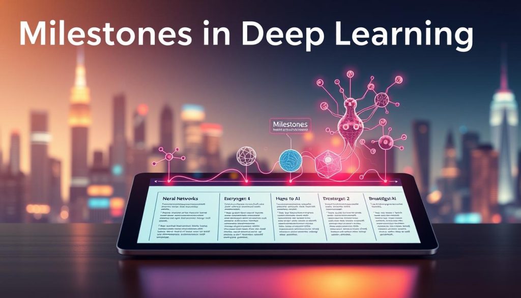 A visually striking illustration of "Milestones in Deep Learning," showcasing a timeline. In the foreground, a sleek digital tablet displays key milestones, such as neural networks, backpropagation, and breakthroughs in AI, with a modern design. In the middle ground, stylized, interconnected neurons and circuits represent the growth of deep learning technology, with vibrant colors symbolizing progress and innovation. The background features a futuristic city skyline with glowing data streams, encapsulating the digital landscape of AI. Use soft, ambient lighting to create a sense of inspiration and forward-looking optimism, with a slight bokeh effect on the background to draw focus to the milestones. The overall mood should be educational yet exciting, inviting curiosity about deep learning’s evolution. A visually striking illustration of "Milestones in Deep Learning," showcasing a timeline. In the foreground, a sleek digital tablet displays key milestones, such as neural networks, backpropagation, and breakthroughs in AI, with a modern design. In the middle ground, stylized, interconnected neurons and circuits represent the growth of deep learning technology, with vibrant colors symbolizing progress and innovation. The background features a futuristic city skyline with glowing data streams, encapsulating the digital landscape of AI. Use soft, ambient lighting to create a sense of inspiration and forward-looking optimism, with a slight bokeh effect on the background to draw focus to the milestones. The overall mood should be educational yet exciting, inviting curiosity about deep learning’s evolution.
