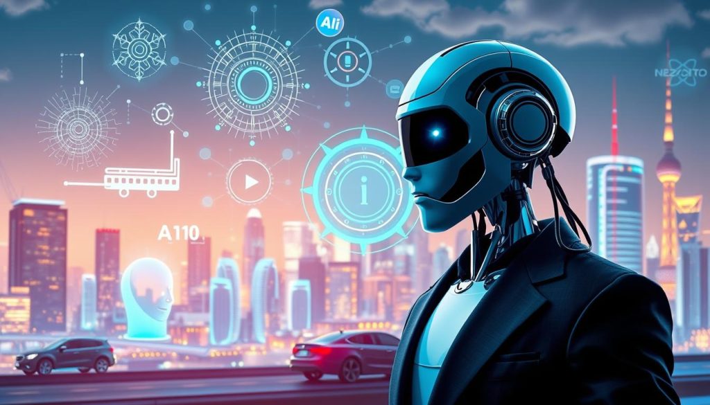 A visually striking illustration of various AI technologies, prominently featuring a sleek humanoid robot in professional business attire, positioned in the foreground. The middle ground showcases diverse AI applications like machine learning algorithms represented as intricate neural networks, virtual assistants depicted as glowing holographic interfaces, and autonomous vehicles navigating a digital landscape. In the background, a futuristic city skyline is illuminated by soft ambient lighting, suggesting innovation and technology. The scene should be viewed from a slightly elevated angle to capture the layered composition, with a vibrant, tech-savvy atmosphere that conveys both excitement and intelligence. The overall mood is one of exploration and understanding, emphasizing the complexities of AI technologies.