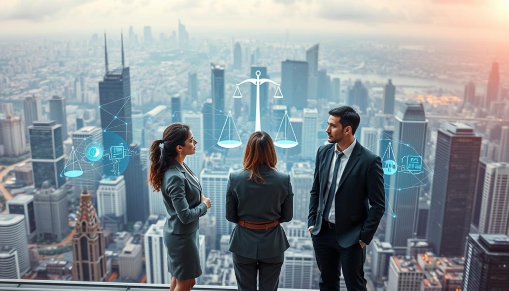 A visually striking portrayal of "Ethical AI Frameworks," featuring a futuristic cityscape in the background, symbolizing technological advancement. In the foreground, a diverse group of three professionals—two women and one man, dressed in smart business attire—are engaged in a thoughtful discussion, surrounded by holographic displays representing data flow, algorithms, and scales of justice. The middle layer includes prominent imagery of interconnected neural networks and circuit patterns overlaying the city, suggestive of the AI framework. The scene is illuminated by soft, diffused lighting that creates a serious yet hopeful atmosphere, with a slight lens flare to enhance the futuristic vibe. A bird’s-eye view perspective emphasizes the expansive nature of AI's reach, invoking contemplation about its ethical implications. The overall mood reflects a blend of diligence, innovation, and responsibility in the face of AI failure risks. A visually striking portrayal of "Ethical AI Frameworks," featuring a futuristic cityscape in the background, symbolizing technological advancement. In the foreground, a diverse group of three professionals—two women and one man, dressed in smart business attire—are engaged in a thoughtful discussion, surrounded by holographic displays representing data flow, algorithms, and scales of justice. The middle layer includes prominent imagery of interconnected neural networks and circuit patterns overlaying the city, suggestive of the AI framework. The scene is illuminated by soft, diffused lighting that creates a serious yet hopeful atmosphere, with a slight lens flare to enhance the futuristic vibe. A bird’s-eye view perspective emphasizes the expansive nature of AI's reach, invoking contemplation about its ethical implications. The overall mood reflects a blend of diligence, innovation, and responsibility in the face of AI failure risks.