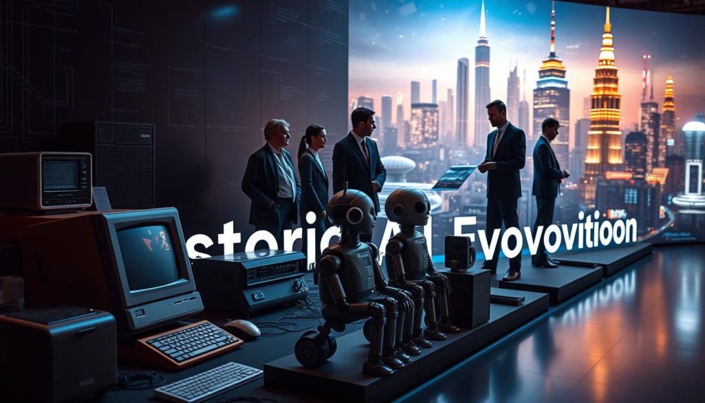 A visually striking representation of "Historical AI Evolution," showcasing a timeline of significant AI milestones. In the foreground, display iconic devices symbolizing early computing, such as a vintage computer and a mainframe, alongside early AI models like a simple robot. The middle ground features notable figures in AI history, depicted in professional business attire, engaged in discussions and examining early AI blueprints, with gentle lighting to evoke a collaborative atmosphere. The background showcases a futuristic cityscape merging with elements of early technology, illuminated by soft ambient lighting to emphasize progress and innovation. The overall mood is one of curiosity and inspiration, inviting viewers to reflect on the journey of AI self-improvement through the ages. A visually striking representation of "Historical AI Evolution," showcasing a timeline of significant AI milestones. In the foreground, display iconic devices symbolizing early computing, such as a vintage computer and a mainframe, alongside early AI models like a simple robot. The middle ground features notable figures in AI history, depicted in professional business attire, engaged in discussions and examining early AI blueprints, with gentle lighting to evoke a collaborative atmosphere. The background showcases a futuristic cityscape merging with elements of early technology, illuminated by soft ambient lighting to emphasize progress and innovation. The overall mood is one of curiosity and inspiration, inviting viewers to reflect on the journey of AI self-improvement through the ages.