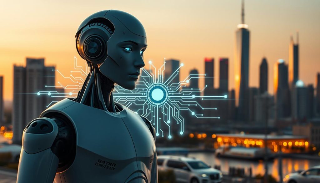 A visually striking representation of "Technological Capabilities vs. Independence in AI." In the foreground, a humanoid robot, sleek and advanced, stands still, its features reflecting both sophistication and an air of restraint. In the middle ground, a dynamic, glowing circuit board with interconnected neural networks symbolizes technological capabilities, pulsing softly to create a sense of movement and innovation. In the background, a city skyline with towering, futuristic buildings hints at the broader implications of AI in society, bathed in warm, golden sunset light that conveys hope mixed with caution. The mood is contemplative, evoking questions about the balance between technological advancement and human control, captured from a slight low angle to emphasize the height and significance of both robot and city.